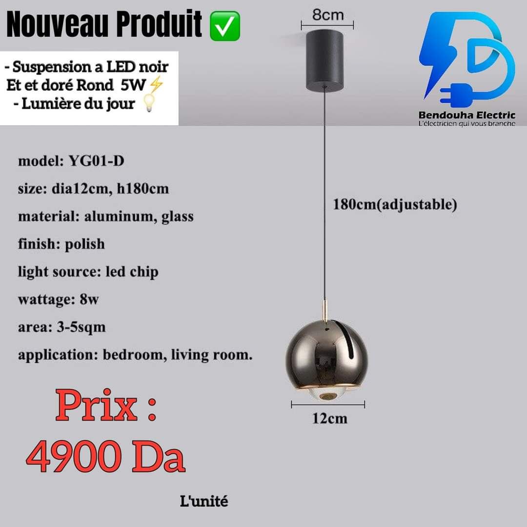 Suspension à LED Noir et Doré - Rond 5W - Lumière du Jour